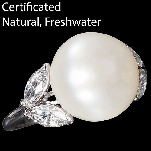 MAGNIFICENT NATURAL FRESHWATER PEARL AND DIAMOND RING
