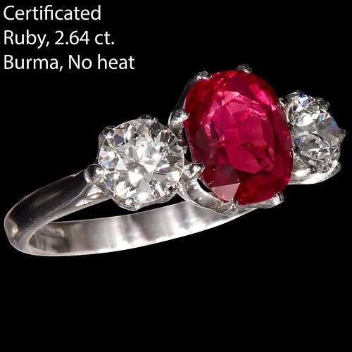 IMPORTANT CERTIFICATED BURMA RUBY AND DIAMOND 3-STONE RING,