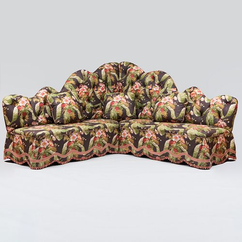 Large Floral Chintz Tufted Upholstered Corner Sofa, designed by Mario Buatta