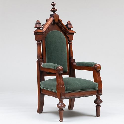 Victorian Neo-Gothic Carved Mahogany and Velvet Throne Chair