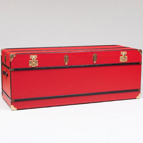 Large French Brass-Mounted Red Faux Leather Trunk, Ets Bernard, R.D.B.