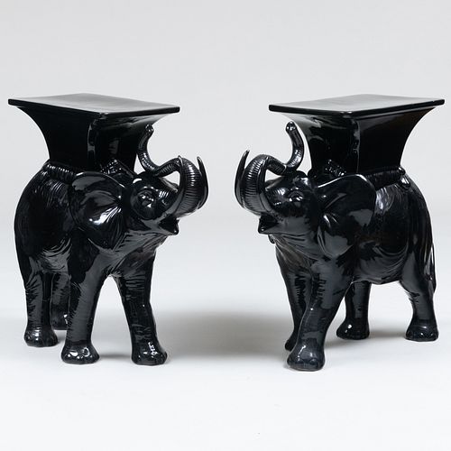 Pair of Modern Black Glazed Ceramic Elephant Form Side Tables