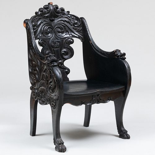 Victorian Ebonized Oak Desk Chair, in the Rennaissance Revival Style