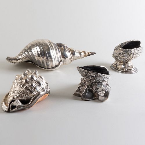 Two Silvered Seashells and a Pair of Oyster Silver Plate Spoon Warmers