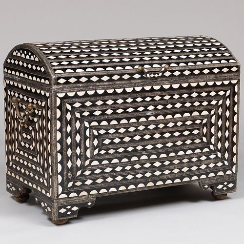 Moroccan Metal-Mounted Ebony and Bone Inlaid Domed Trunk