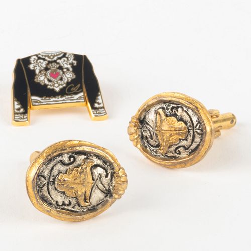 Pair of Christian Lacroix Cufflinks with Bull's Heads and a Christian Lacroix Enameled Pin of a Jacket