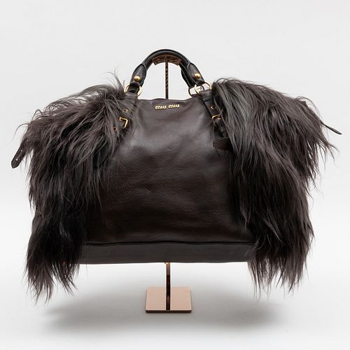 Miu Miu Gold-Tone Leather and Goat Fur Handbag