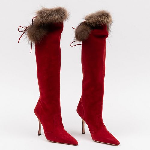 Pair of Manolo Blahnik Fur Trimmed Red Suede Boots