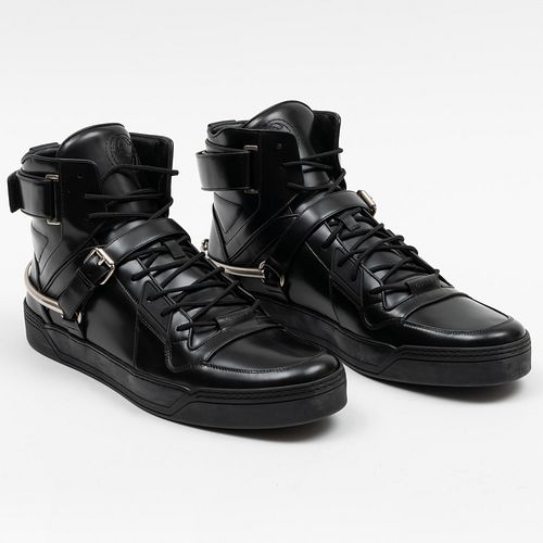 Pair of Gucci Metal and Black Leather High Top Sneaker