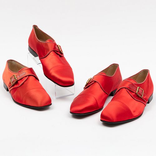 Two Pairs of Manolo Blahnik Red Satin Shoes