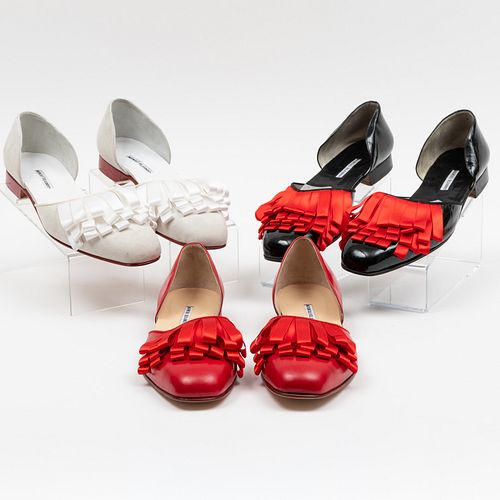 Three Pairs of Manolo Blahnik Leather, Suede, Patent Leather and Silk Embellished Evening Shoes