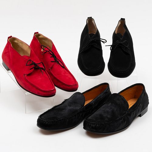 Two Pairs of Manolo Blahnik Suede Shoes and a Pair of J.P. Tod's Black Pony Skin Loafers