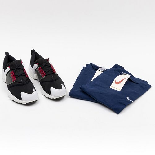 Pair of Nike White, Black and Varsity Red Air Jordan Trunner Sneakers together with Two Nike Cotton T-Shirts