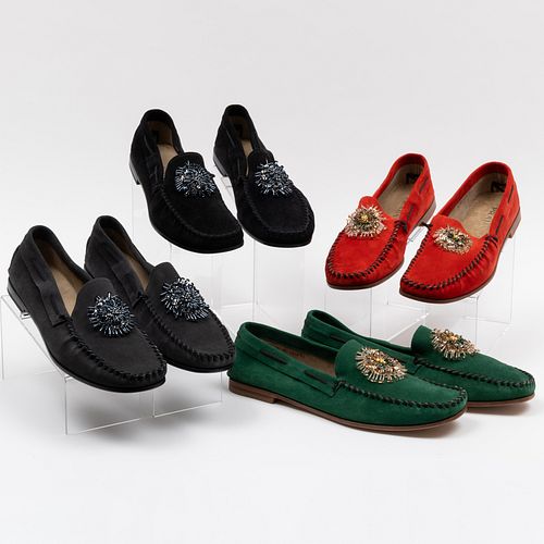 Four Pairs of Prada Suede and Beaded Loafers