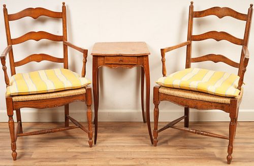 Pair Rush Seat Arm Chairs With 19thC End Table 