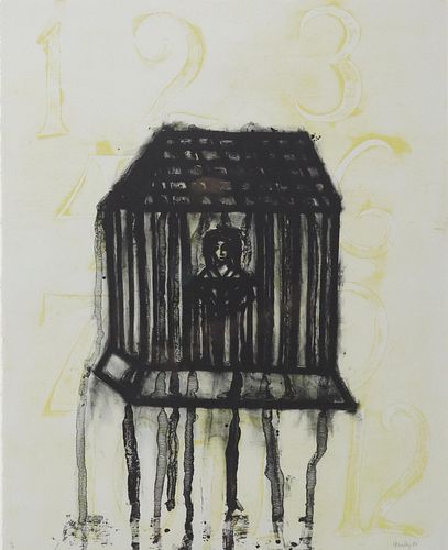 JACK HANLEY (20TH C.) LITHOGRAPH CAGED FIGURE