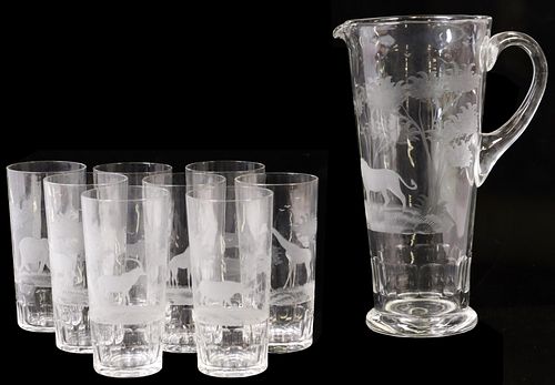 (9) ROWLAND WARD SAFARI ENGRAVED GLASS BARWARE