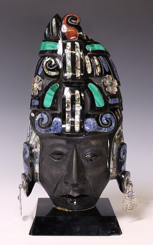 PRE-COLUMBIAN STYLE OBSIDIAN & SILVER SCULPTURE
