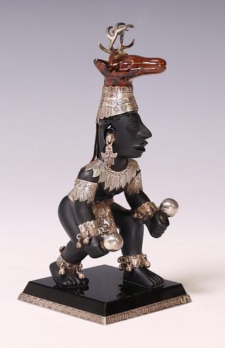 PRE-COLUMBIAN STYLE OBSIDIAN & STERLING SCULPTURE