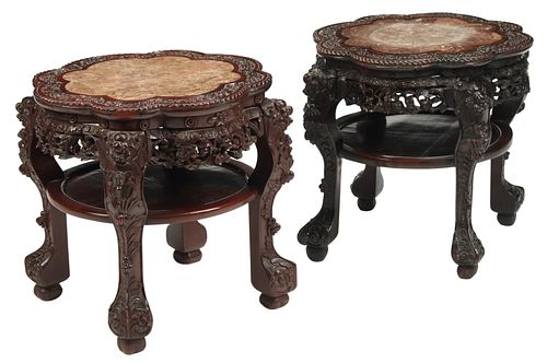 (2) CHINESE INSET MARBLE & CARVED HARDWOOD TABLES
