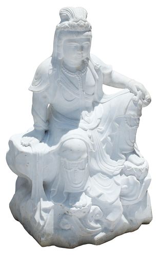 CHINESE CARVED MARBLE SEATED GUANYIN, 33"H