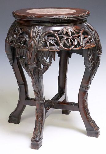 CHINESE MARBLE-TOP BAMBOO CARVED PEDESTAL