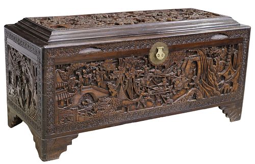 CHINESE FIGURAL CARVED STORAGE CHEST TRUNK