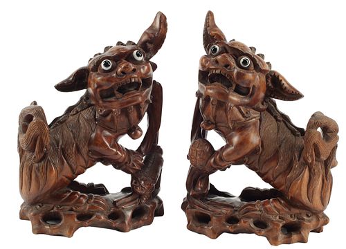 (2) CHINESE CARVED WOOD FOO LIONS WITH INSET EYES