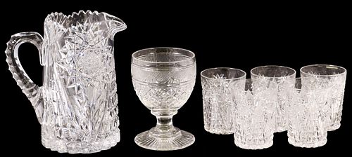 (7) LIBBEY & OTHER CUT GLASS TUMBLERS, PITCHER