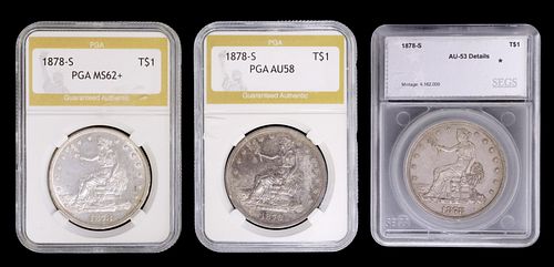 (3) U.S. TRADE SILVER DOLLARS, 1878-S, MS62 & AU58