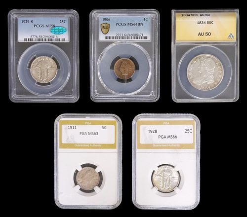 (5) GRADED COINS, HALF, QUARTERS & MORE, IN SLABS