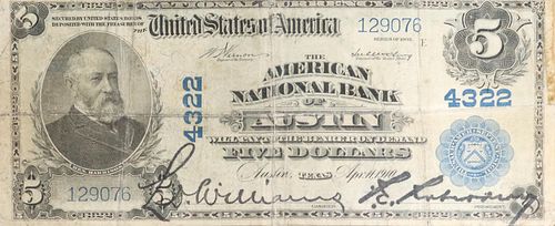 AMERICAN NATIONAL BANK OF AUSTIN $5 NOTE SER. 1902