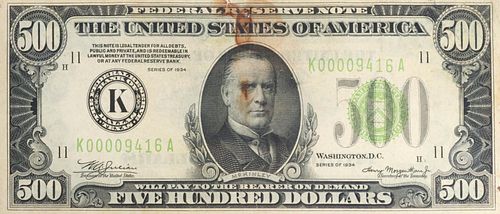 U.S. CURRENCY $500 FEDERAL RESERVE NOTE, 1934