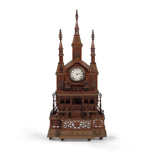 Folk Art Carved Church Clock and Music Box