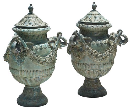 2) NEOCLASSICAL STYLE PATINATED BRONZE GARDEN URNS