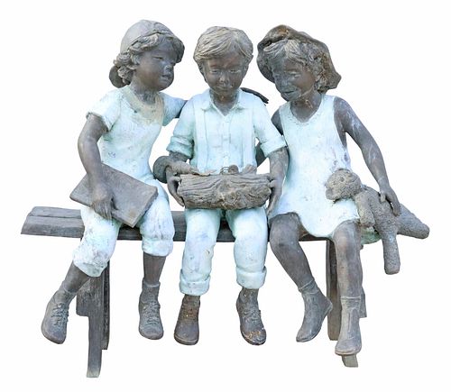 LIFE-SIZE PATINATED BRONZE THREE KIDS ON BENCH