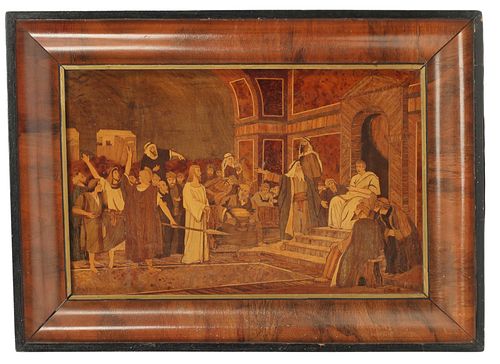 FRAMED MARQUETRY PLAQUE CHRIST BEFORE PILATE