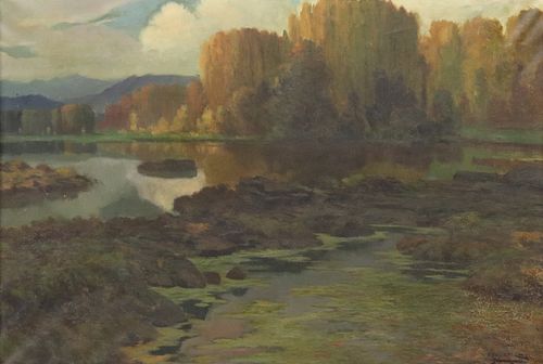 SIGNED OIL PAINTING ON CANVAS OF A RIVER LANDSCAPE