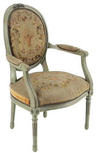 FRENCH LOUIS XVI STYLE PAINTED NEEDLEWORK FAUTEUIL