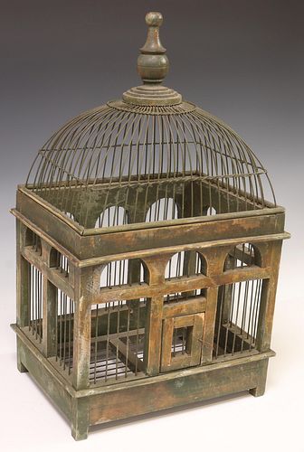 DECORATIVE PAINTED WOOD & METAL DOMED BIRD CAGE