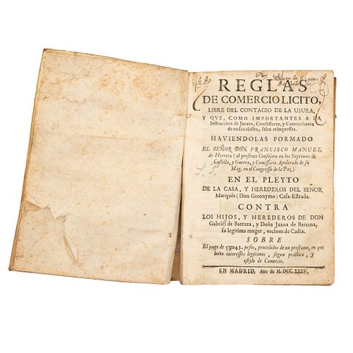 Herrera, Francisco Manuel de. Reglas de Comercio licito, Libre del Contagio de la Usura... Madrid:  1735.