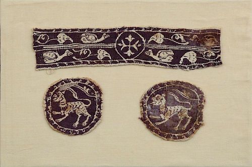 COPTIC TEXTILE PURPLE SLEEVE BAND WITH CROSS AND GALLINULES, RONDELS WITH FELINES