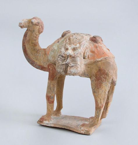EARLY CHINESE POLYCHROME POTTERY FIGURE OF A PACK CAMEL