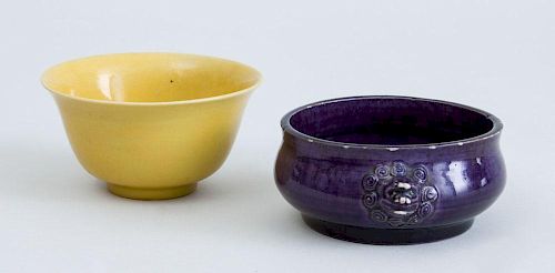 CHINESE ARCHAISTIC AUBERGINE-GLAZED PORCELAIN CENSER AND A CHINESE PORCELAIN YELLOW-GLAZED BOWL