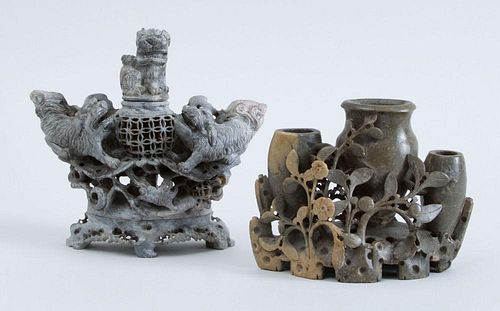 CHINESE CARVED SOFTSTONE CENSER AND COVER AND A TRIPLE VASE WITH BRANCHES