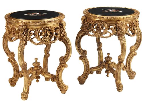 2) REGENCE STYLE GILT TABLES WITH PIETRA DURA TOPS