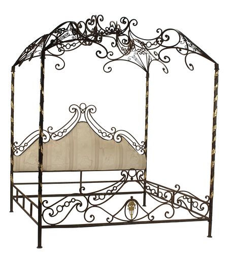 PARCEL GILT SCROLLED WROUGHT IRON CANOPY BED