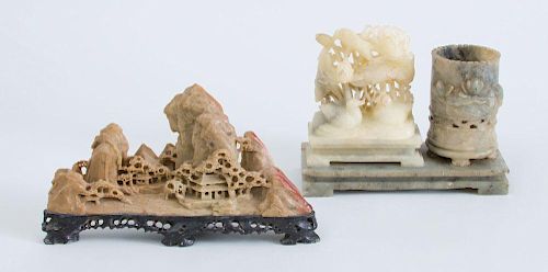 CHINESE CARVED SOFTSTONE CYLINDRICAL BRUSH HOLDER AND A PAGODA