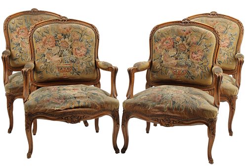 (4) REGENCE STYLE TAPESTRY UPHOLSTERED FAUTEUILS