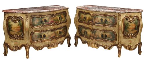 (2) VENETIAN PAINT-DECORATED MARBLE-TOP COMMODES